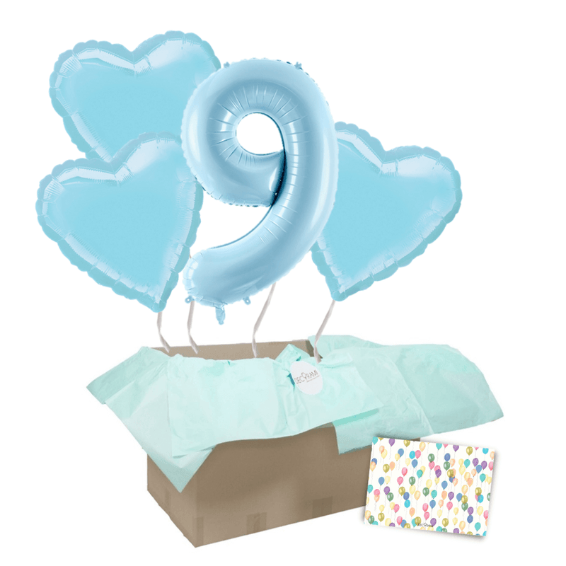 Heliumballon-Geschenk 1 XXL Zahl + 3 Herzen Geburtstagsballon Set Premium Pastell Blau - DECORAMI