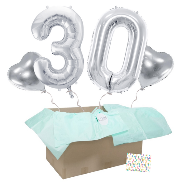 Heliumballon-Geschenk 30. Geburtstag Set Deluxe Silber