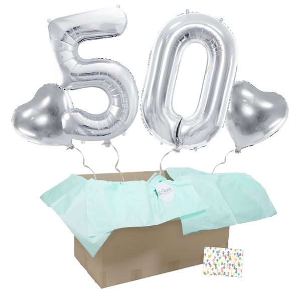 Heliumballon-Geschenk 50. Geburtstag Set Deluxe Silber