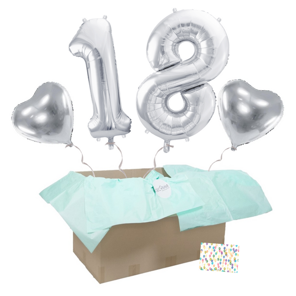 Heliumballon-Geschenk 18. Geburtstag Set Deluxe Silber