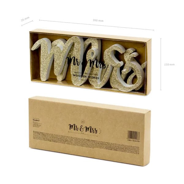 Holzaufschrift "Mr & Mrs" Gold Glitzer