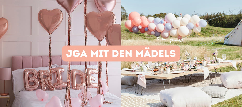 Zwei JGA Deko Ideen, ein Bett mit Bride Ballons und Heliumherzen und ein blumiges Picknik mit Ballongirlande in angesagten Pastell-Tönen