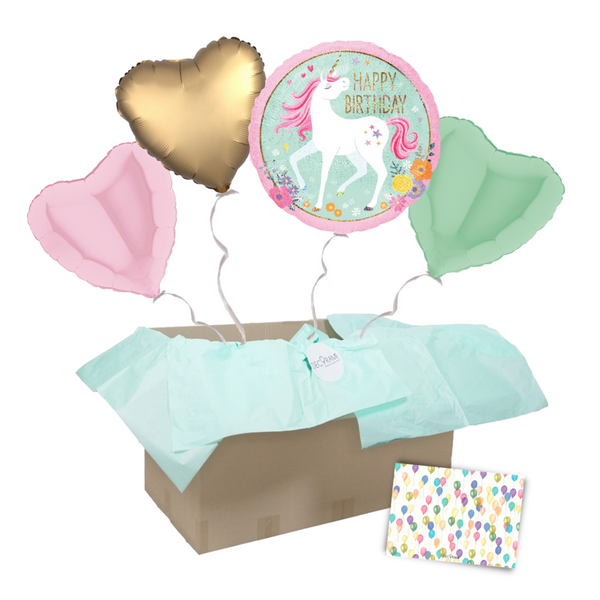 Heliumballon-Geschenk "Happy Birthday" Einhorn Herzen