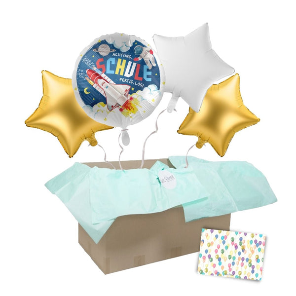 Heliumballon-Geschenk Einschulung "Achtung, Schule fertig, los!"