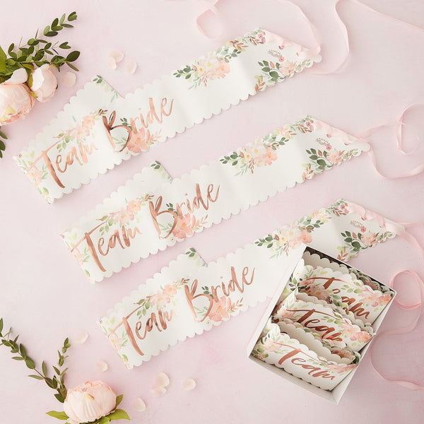 Schärpe "Team Bride" Roségold Floral 6 Stk.