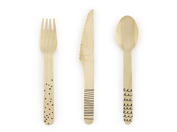 Einweg Holz-Besteck-Set mit schwarzem Aufdruck 18-tlg. - DECORAMI