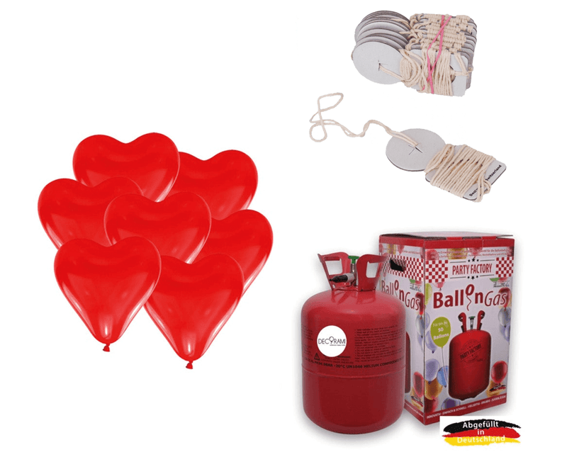 Heliumballon Set BIO 30 Herzballons inkl. Bio-Schnellverschlüsse Rot - DECORAMI
