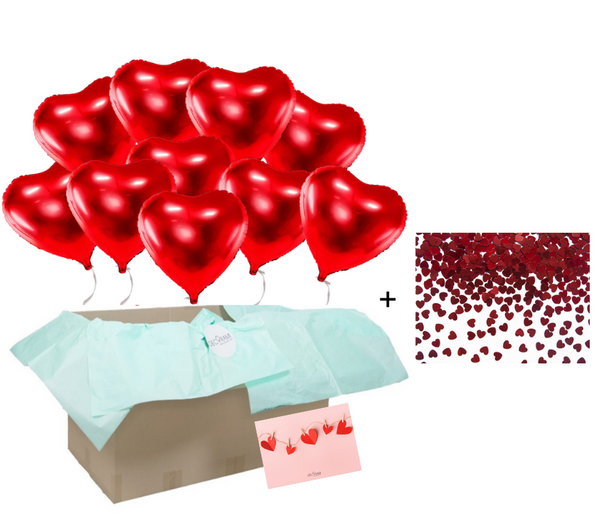 Heliumballon-Geschenk Valentinstag XL 10 Herzen Wunschfarbe inkl. Herz-Konfetti Rot - DECORAMI