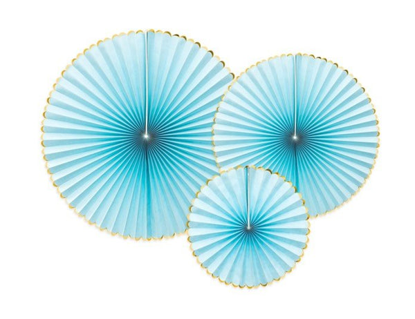 Papier-Fächer-Set (3 Stück) Premium Hellblau mit Goldrand - DECORAMI