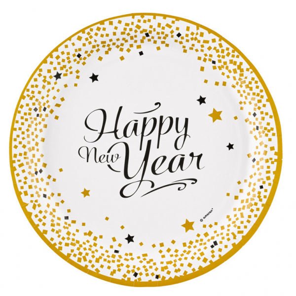 Pappteller "Happy New Year" Weiß-Gold 8 Stk. - DECORAMI