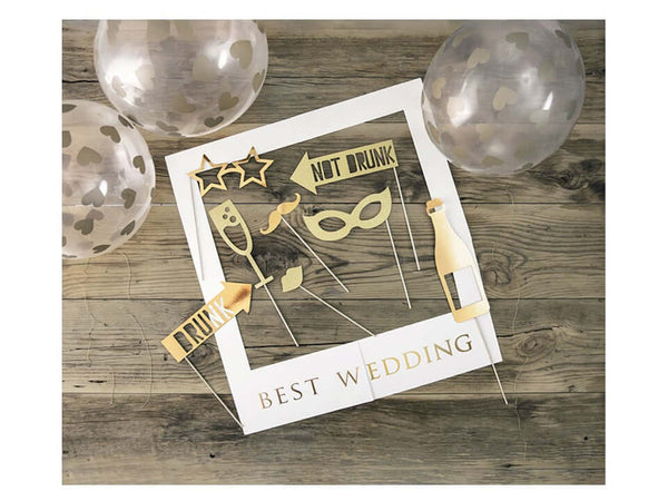 Gold Photo Booth Frame Kit Best Wedding (10 tlg.) - DECORAMI
