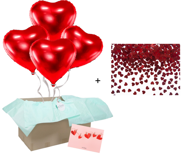 Heliumballon-Geschenk Valentinstag 4 Herzen Wunschfarbe inkl. Herz-Konfetti - DECORAMI